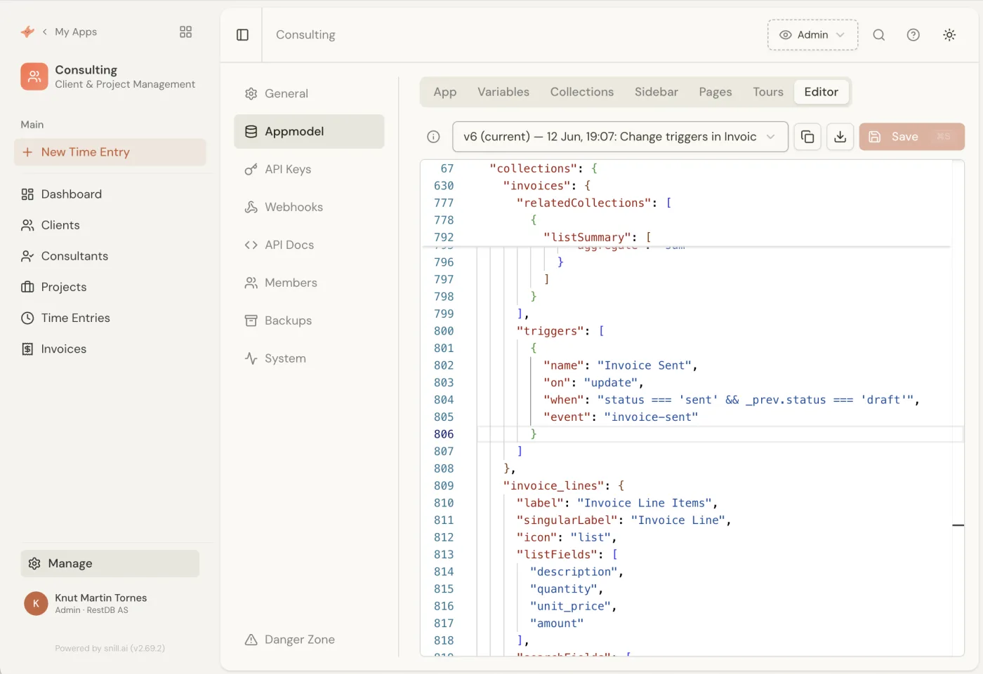 The "Invoice Sent" trigger in the Snill Appmodel editor