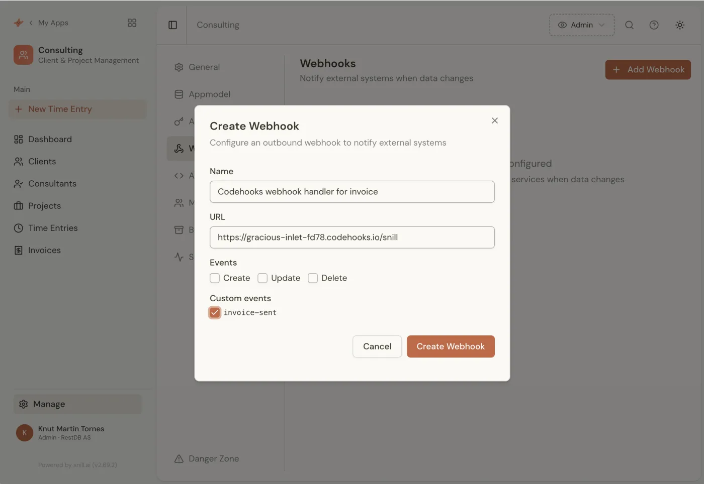 Creating the outbound webhook in Snill — pointed at a Codehooks endpoint, firing on the invoice-sent event