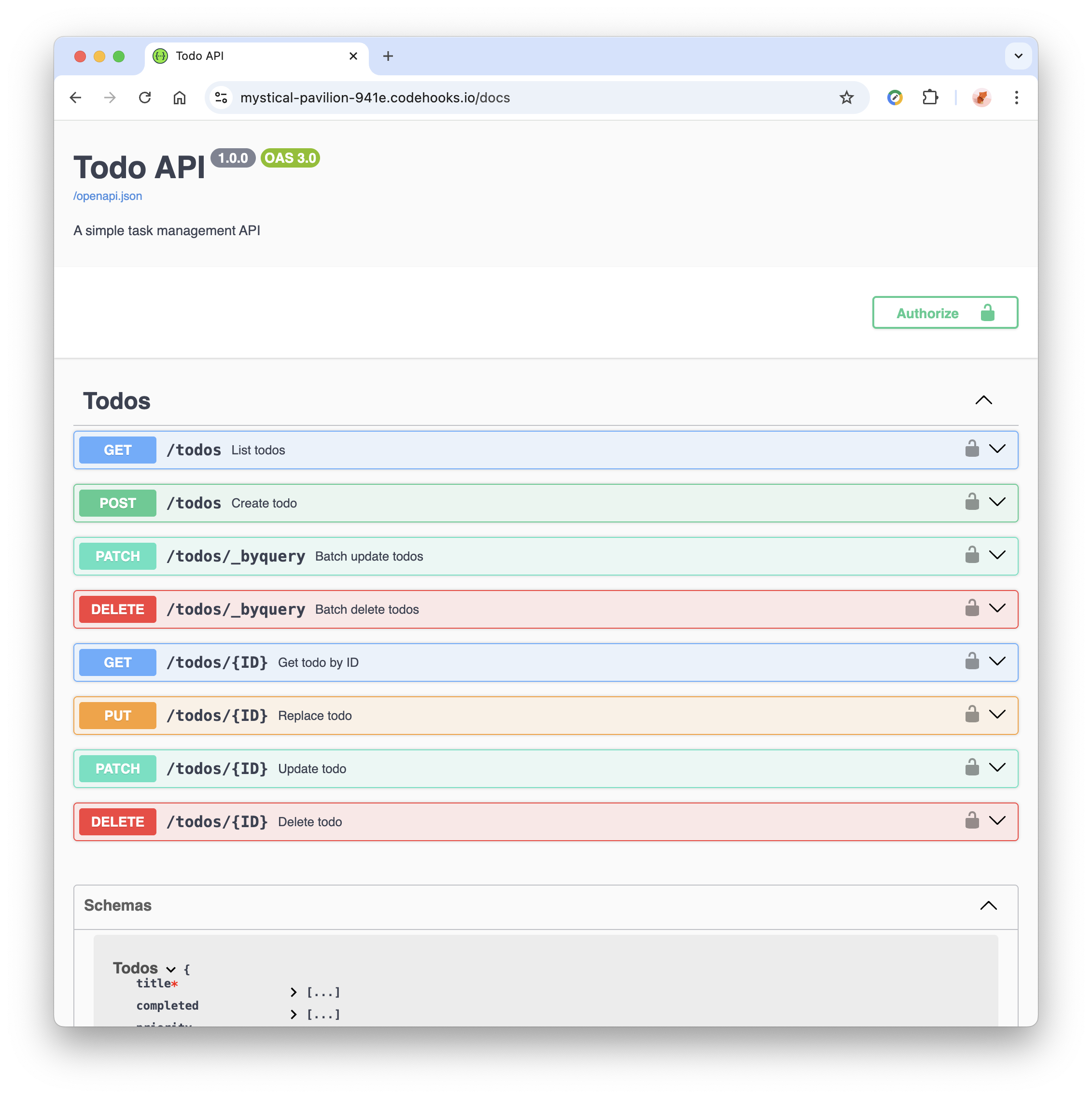 Swagger UI showing the Todo API with auto-generated endpoints