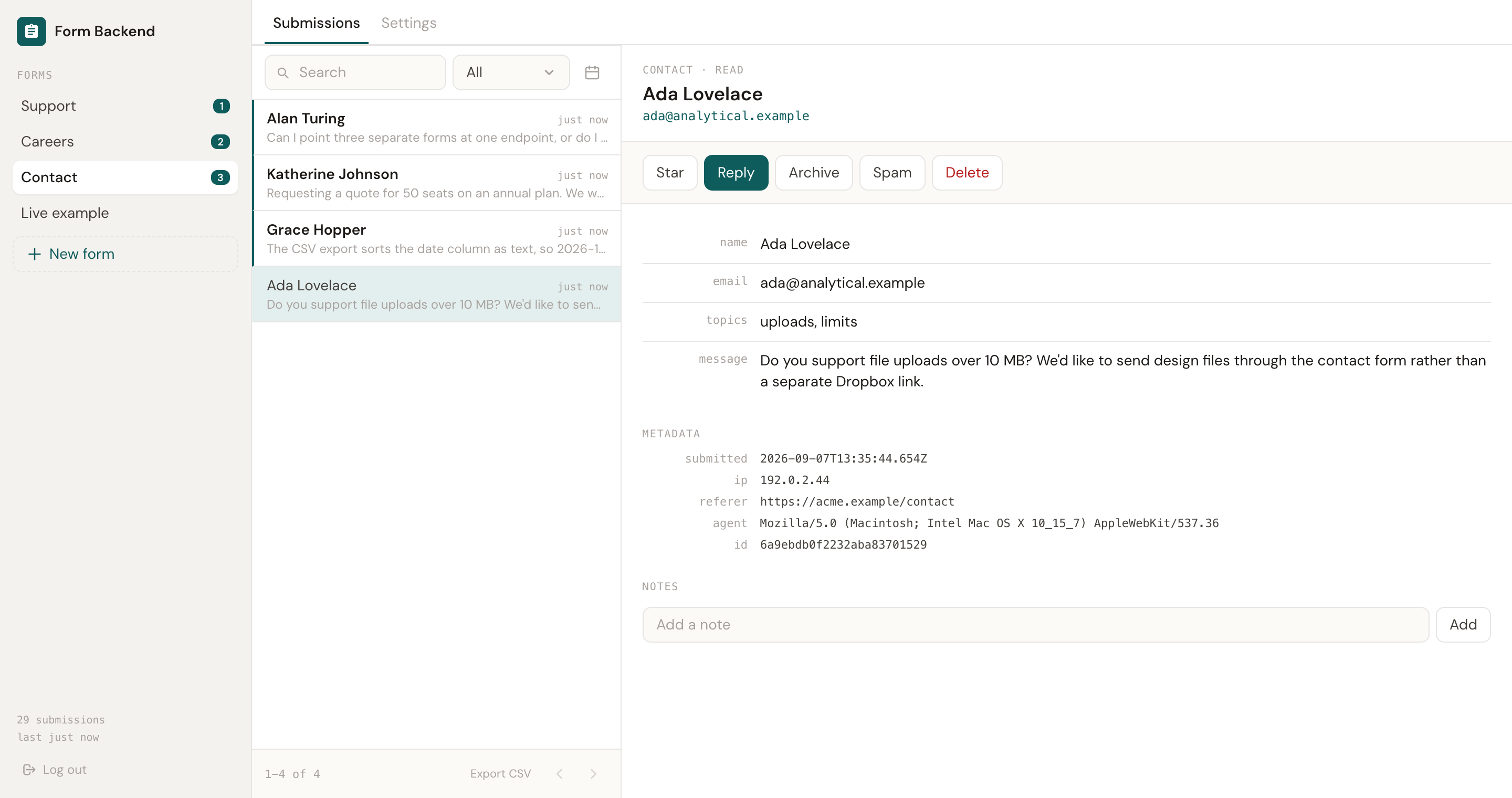 The form-backend dashboard: a rail of forms with unread counts, a list of submissions with search and filters, and the selected submission showing its fields, files and metadata